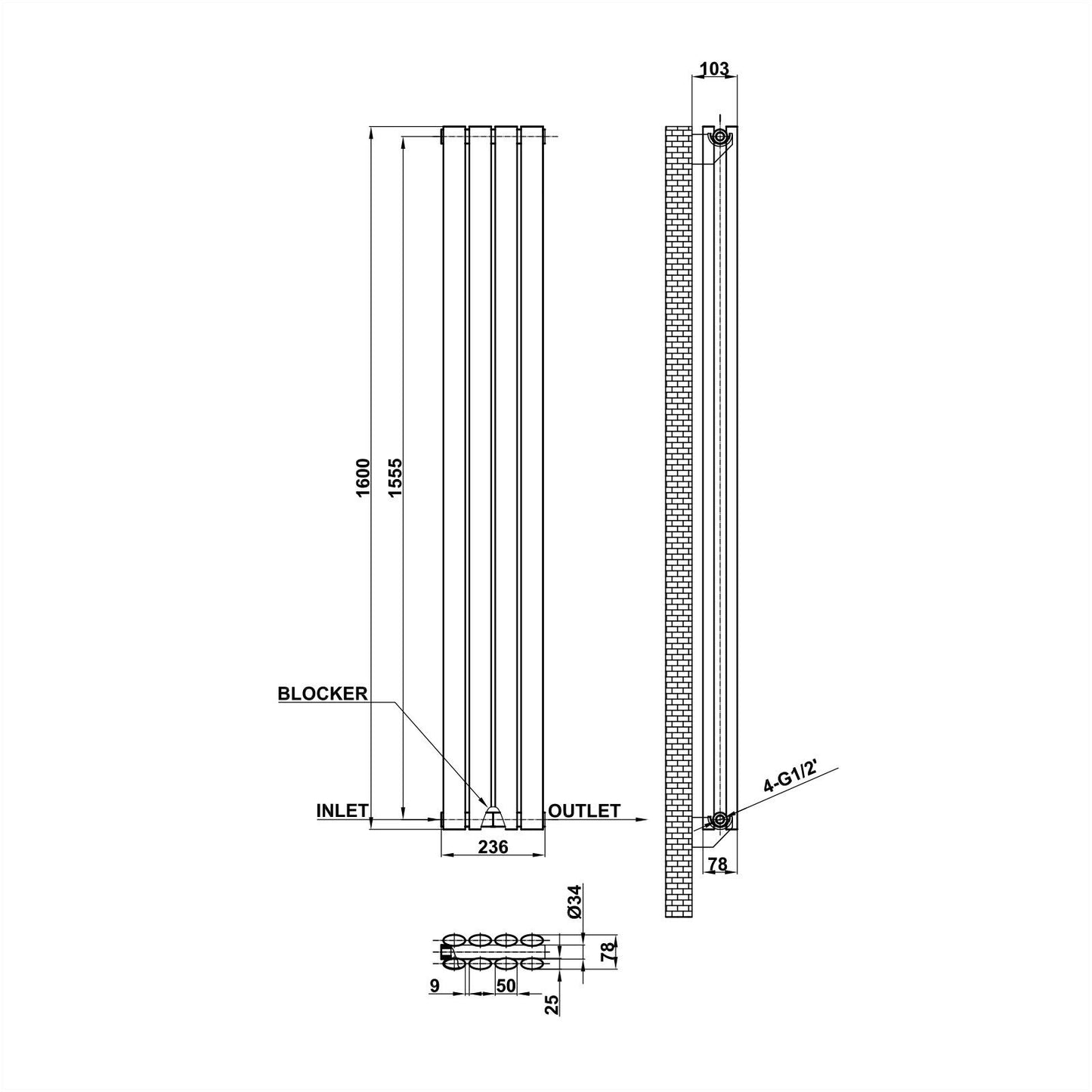 Vertical Designer Oval Column Radiator 1600x236mm Double White & Anthracite