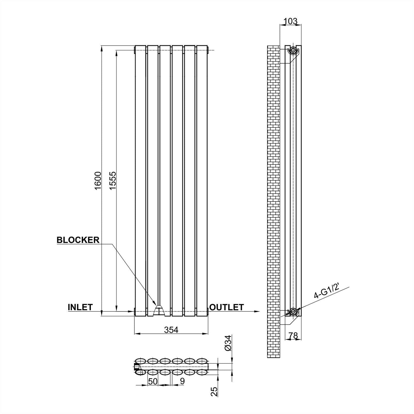 Vertical Designer Oval Column Radiator 1600x354mm Double White & Anthracite