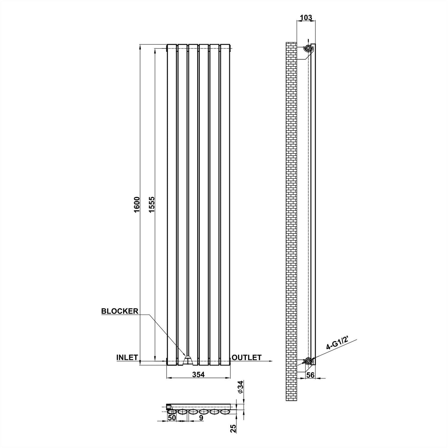 Vertical Designer Oval Column Radiator 1600x354mm Single White & Anthracite