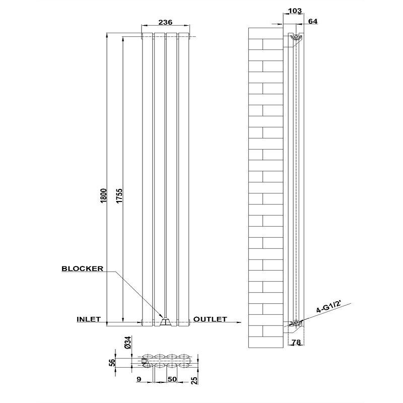 Vertical Designer Oval Column Radiator 1800x236mm Double White & Anthracite