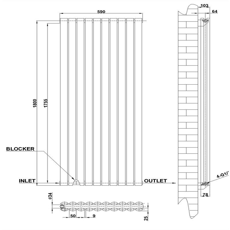 Vertical Designer Oval Column Radiator 1800x590mm Double White & Anthracite