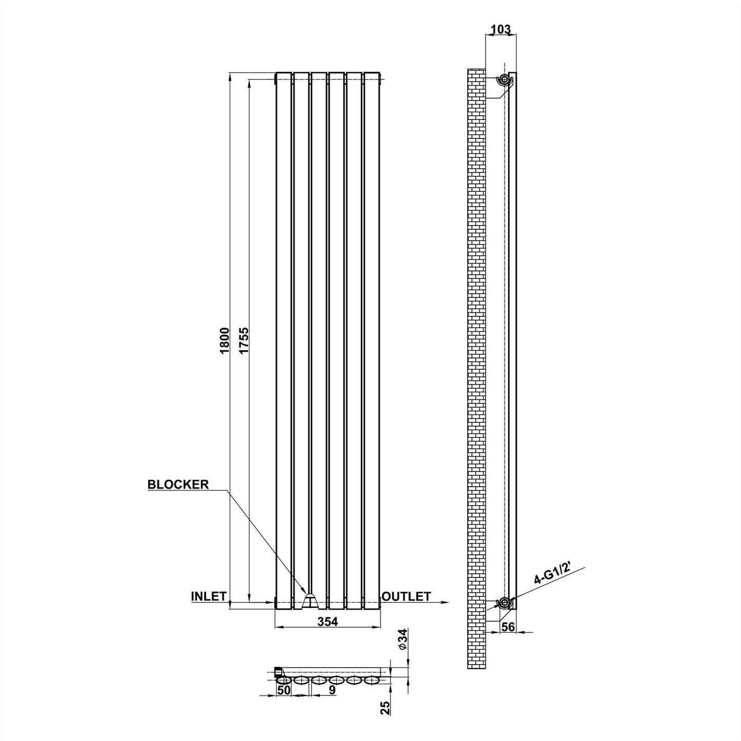 Vertical Designer Oval Column Radiator 1800x354mm Single White & Anthracite